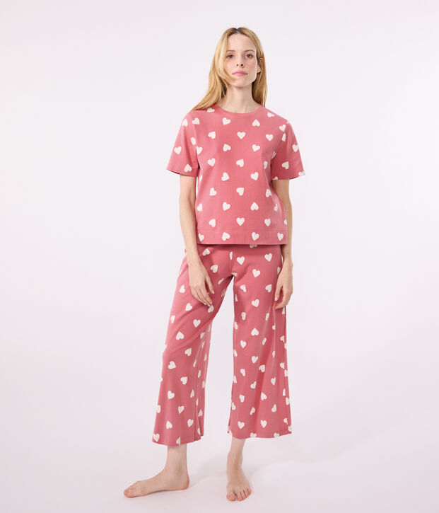 Women's cotton heart print pyjamas pink/white