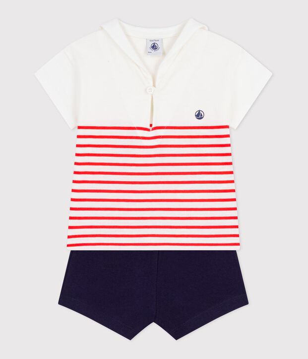 ifBabies' 2-piece cotton outfit, the T-shirt top has a sailor collar white/multicolor