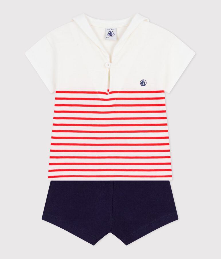 ifBabies' 2-piece cotton outfit, the T-shirt top has a sailor collar white/multicolor