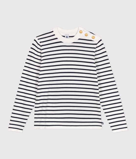 Women's striped cotton sailor-striped jumper MARSHMALLOW white/SMOKING blue