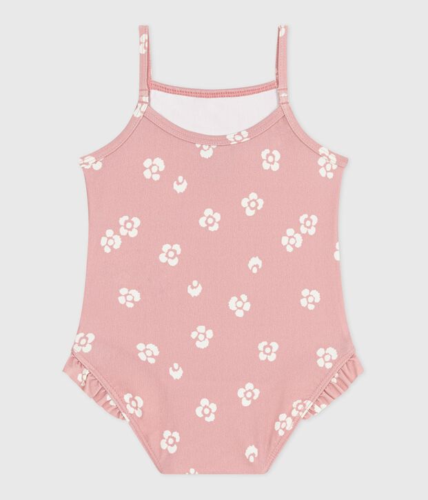 Babies' one-piece swimsuit with frills and a floral print. pink/white