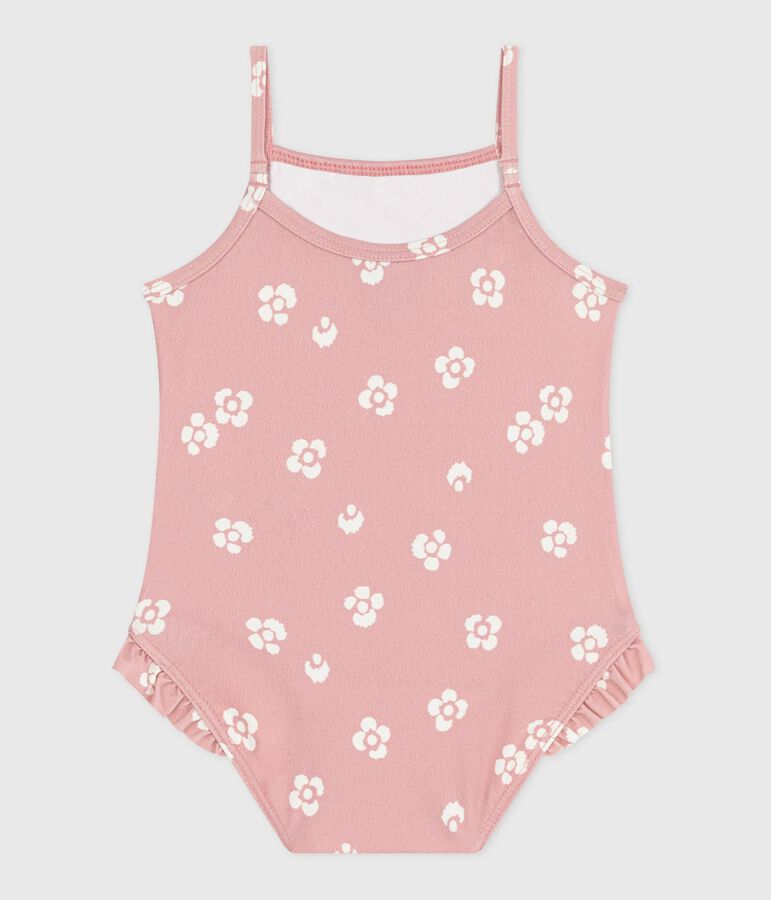 Babies' one-piece swimsuit with frills and a floral print. pink/white
