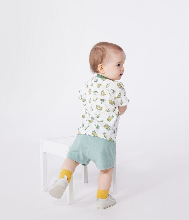 Babies' short-sleeved boat print cotton T-shirt white/yellow