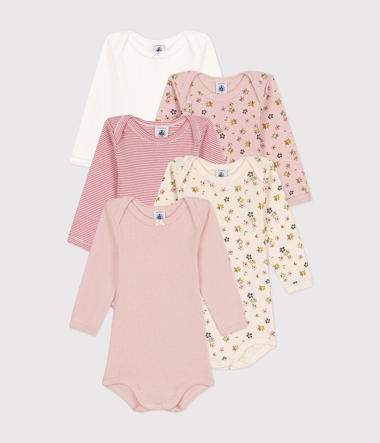 Babies' long-sleeved floral cotton bodysuits - 5-pack multicolor