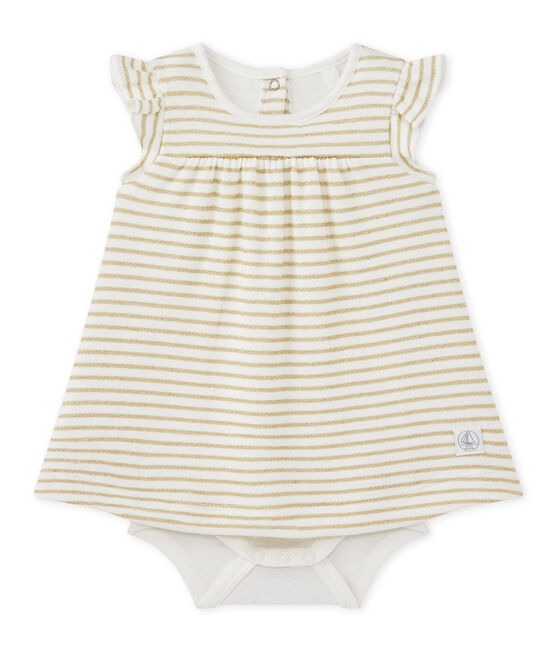 Baby girls' striped bodysuit dress MARSHMALLOW white/DORE yellow