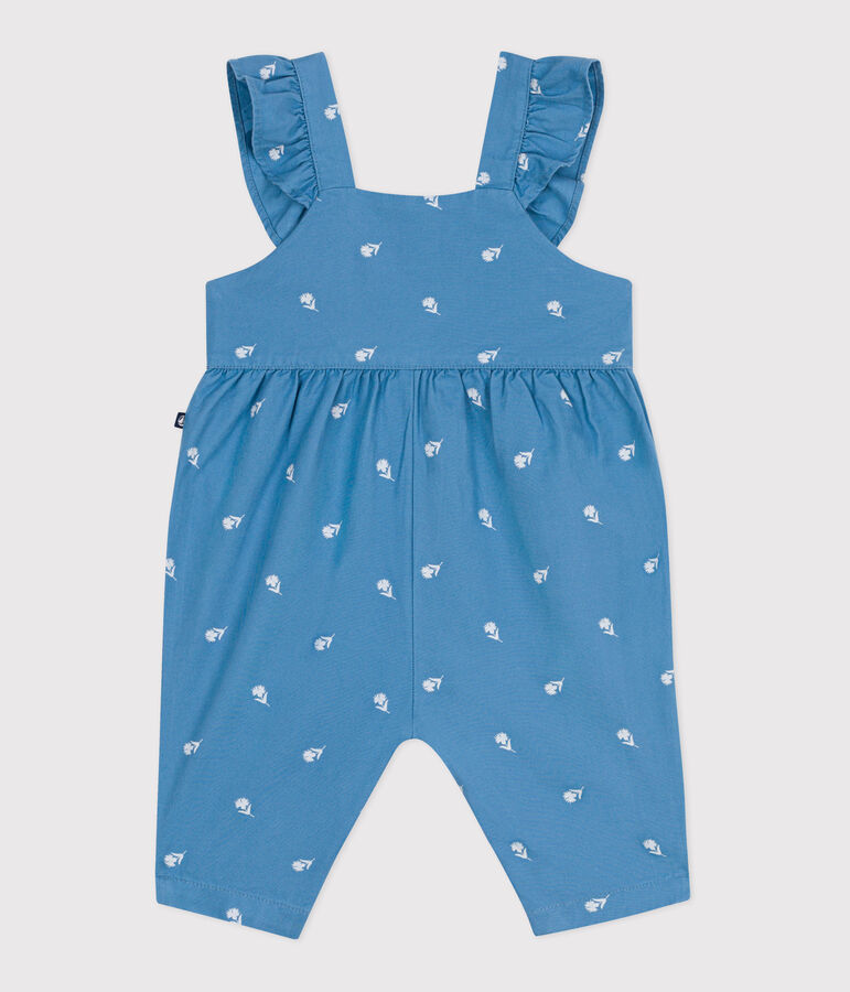 Babies' long cotton dungarees, embroidered with flowers blue/white