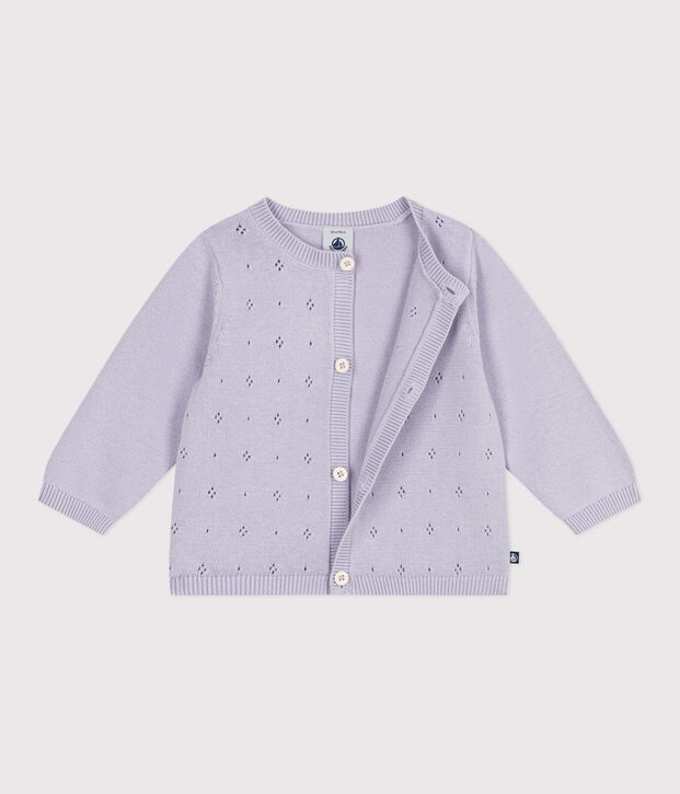 Babies' plain knitted cotton cardigan purple