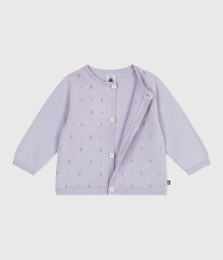 Babies' plain knitted cotton cardigan purple