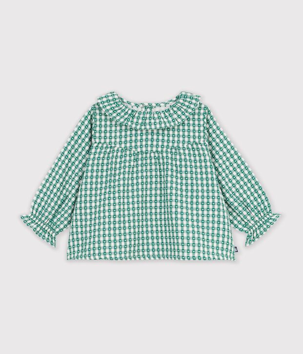 Babies' long-sleeved gingham heart-print cotton blouse green/white