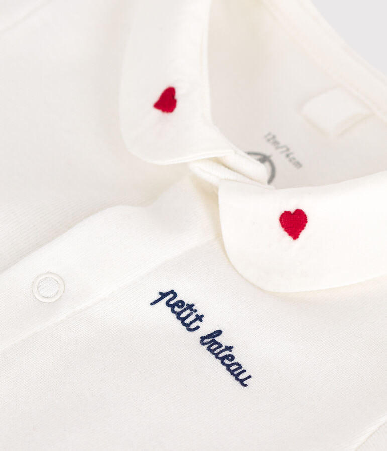 Newborns' short-sleeved cotton body with a collar MARSHMALLOW white