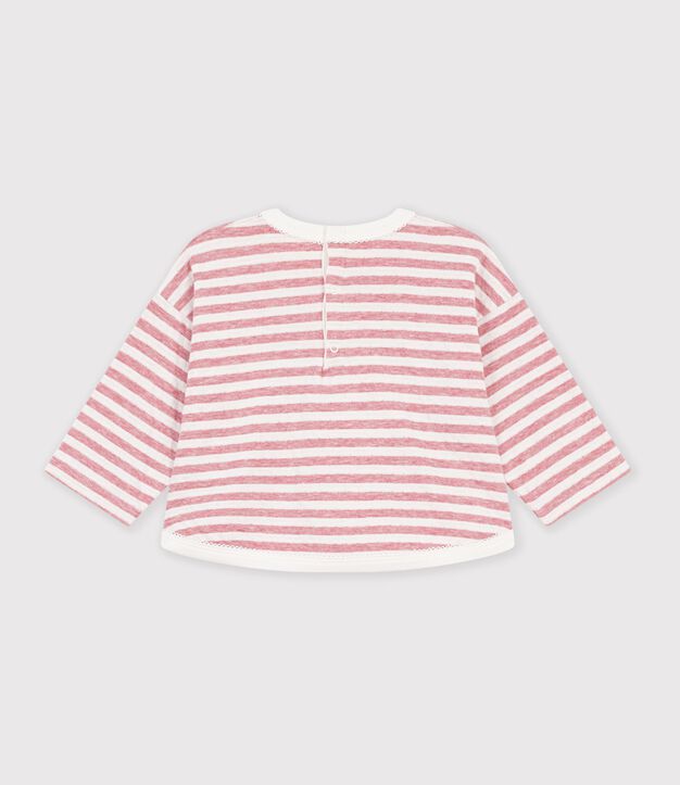 Babies' long-sleeved stripy cotton T-shirt. pink/ecru