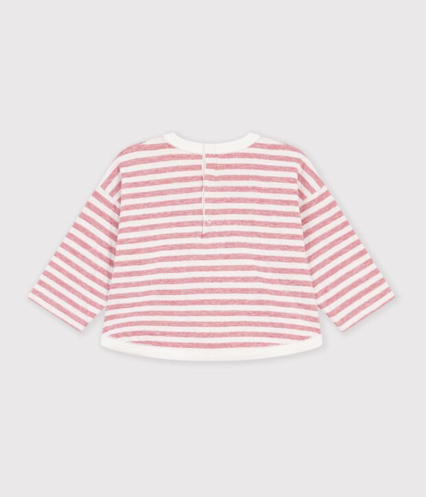 Babies' long-sleeved stripy cotton T-shirt. pink/ecru