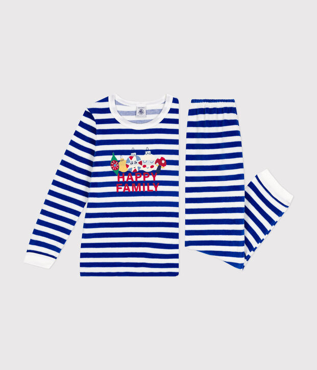 Children's stripy velour pyjamas blue/white