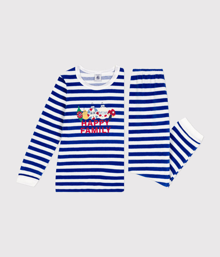 Children's stripy velour pyjamas blue/white