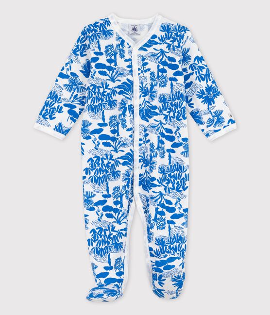 Babies' Botanic Print Cotton Sleepsuit MARSHMALLOW white/BRASIER blue