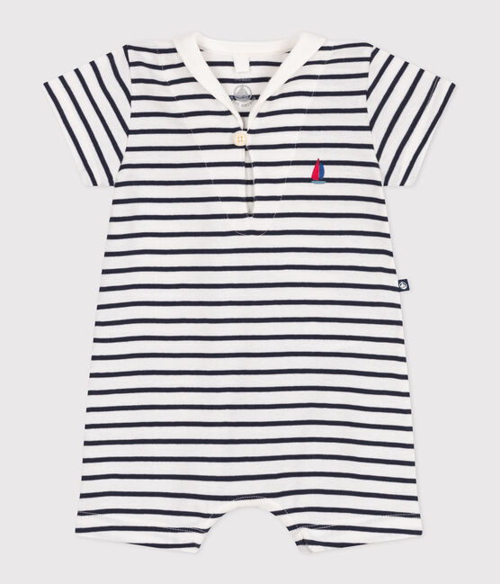 Babies' stripy cotton playsuit with a sailor collar MARSHMALLOW white/SMOKING blue