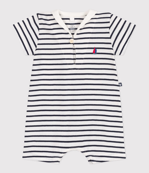 Babies' stripy cotton playsuit with a sailor collar white/blue