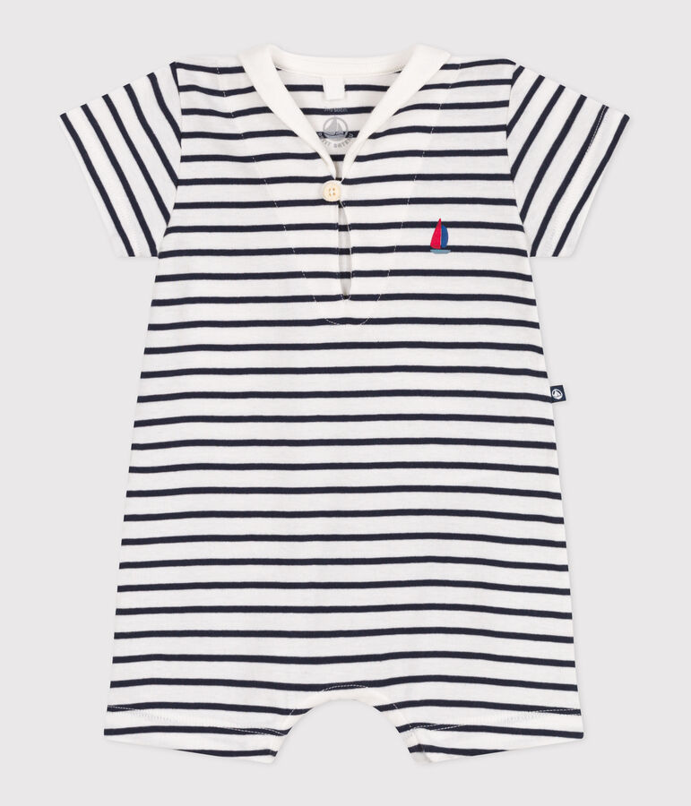 Babies' stripy cotton playsuit with a sailor collar white/blue