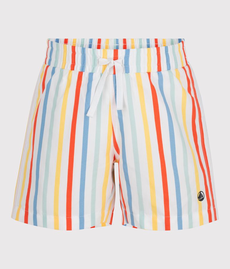 Children's stripy cotton swim shorts MARSHMALLOW white/MULTICO white