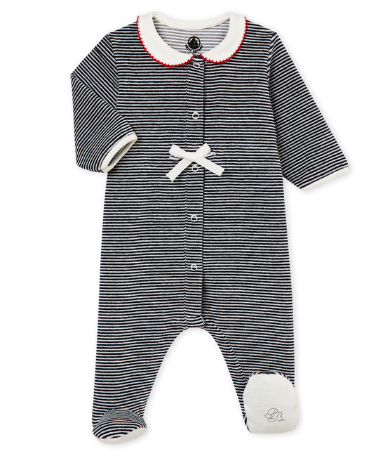 Baby girl's sleepsuit with iconic stripes SMOKING blue/MARSHMALLOW white