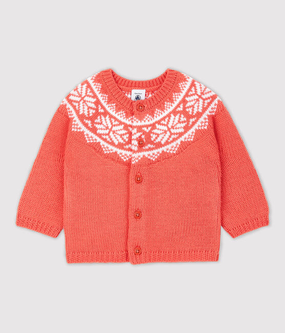 Babies' 100% Wool Cardigan OURSIN orange/MARSHMALLOW white