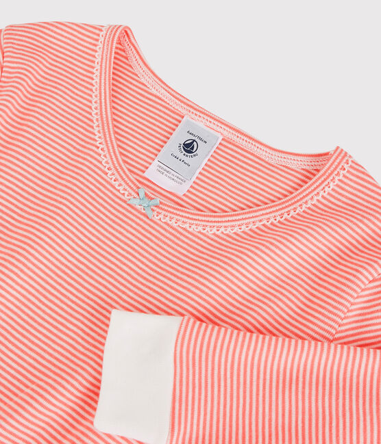 Girls' Snugfit Pinstriped Cotton Pyjamas PEACHY pink/MARSHMALLOW white