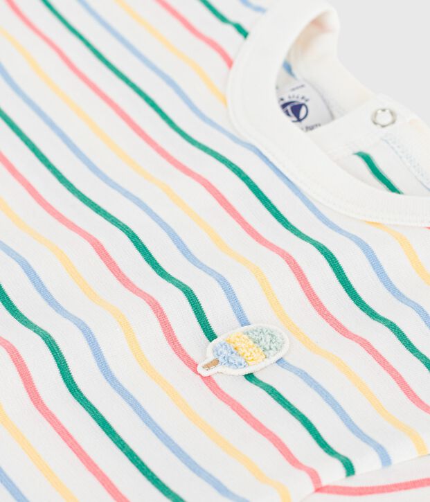 Babies' short-sleeved stripy cotton T-shirt white/multicolor