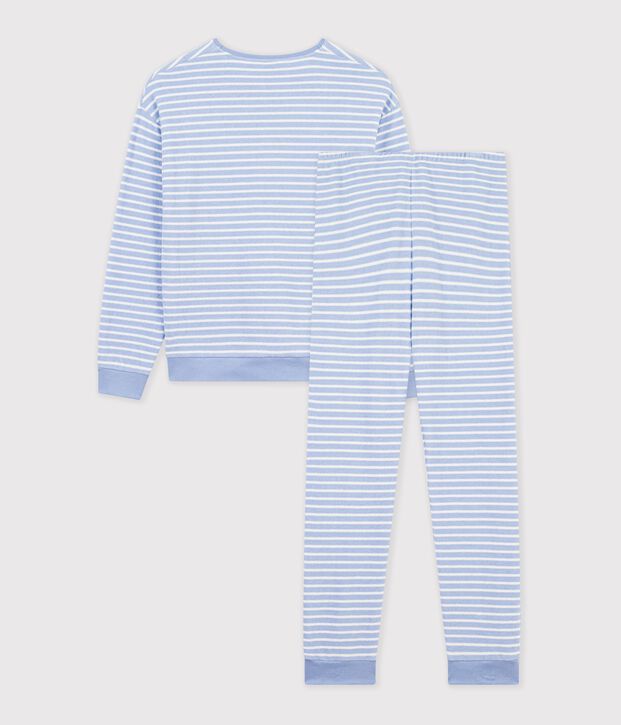 Women's stripy cotton terry pyjamas blue/ecru