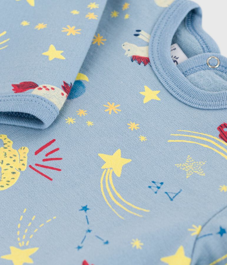 Babies' brushed fleece printed pyjama suit with a back opening blue/white