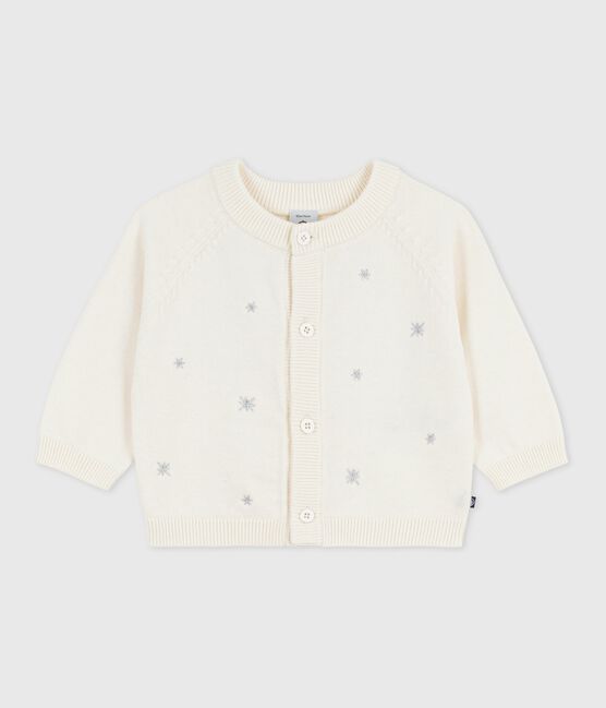 Babies' wool and cotton knit cardigan embroidered with stars MARSHMALLOW white/ARGENT grey