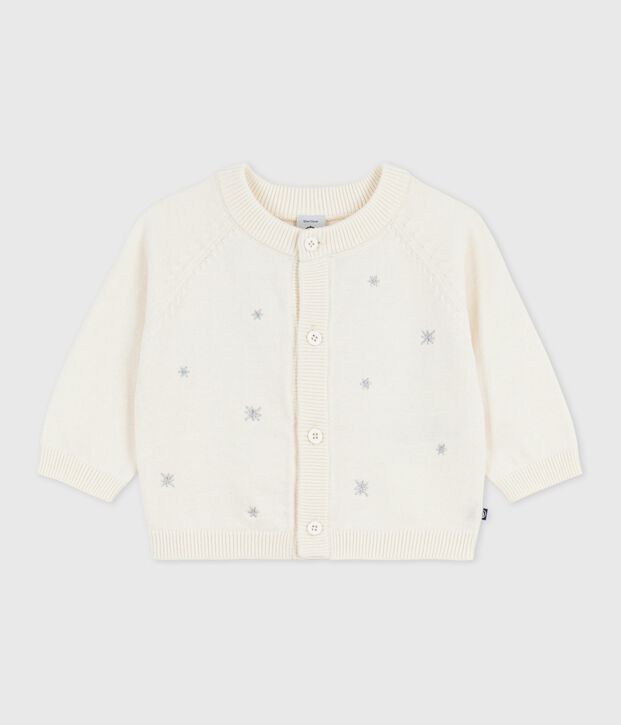Babies' wool and cotton knit cardigan embroidered with stars white/grey