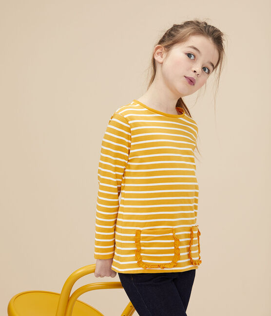 Girls' striped T-shirt BOUDOR yellow/MARSHMALLOW white