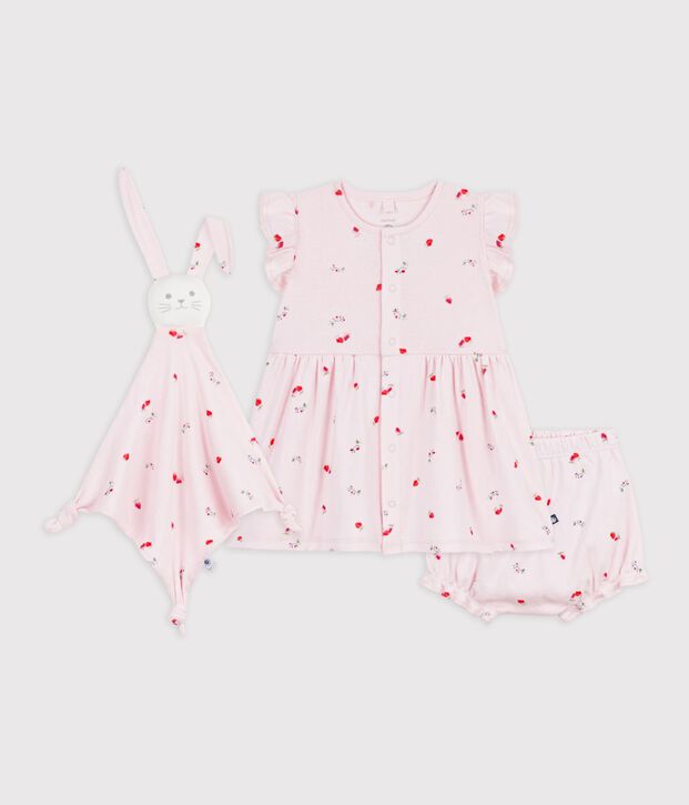 Babies' dress and comforter gift set in flower-printed cotton pink/multicolor