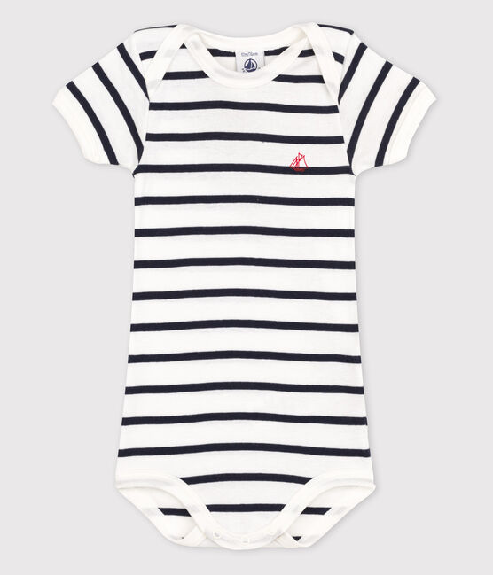 Baby Girls' Short-Sleeved Bodysuit MARSHMALLOW white/SMOKING blue