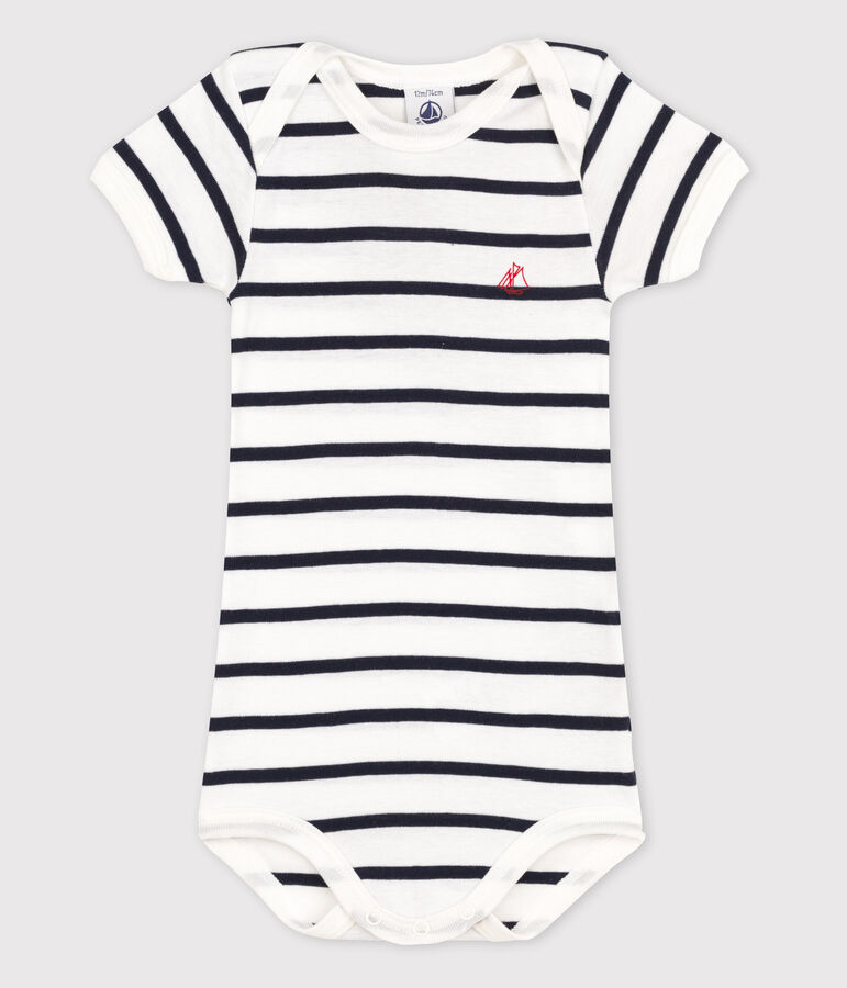 Baby Girls' Short-Sleeved Bodysuit MARSHMALLOW white/SMOKING blue