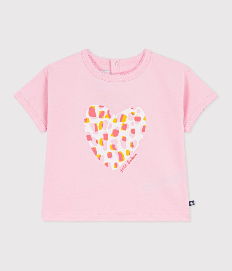 Babies' short-sleeved cotton T-shirt with a flower motif pink