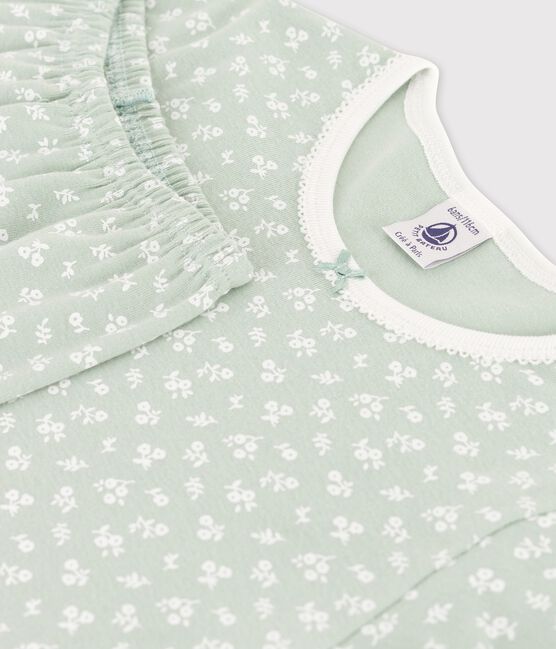 Girls' Short-Sleeved Floral Cotton Pyjamas HERBIER green/MARSHMALLOW