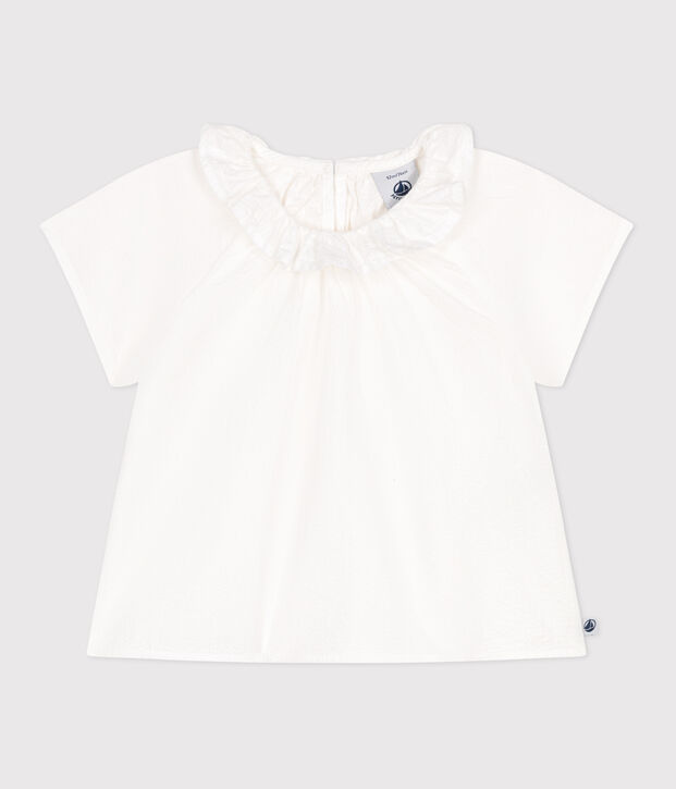 Babies' short-sleeved stripy seersucker blouse white