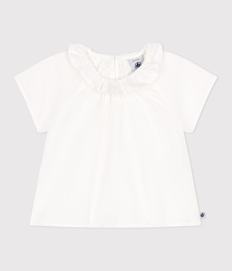 Babies' short-sleeved stripy seersucker blouse white