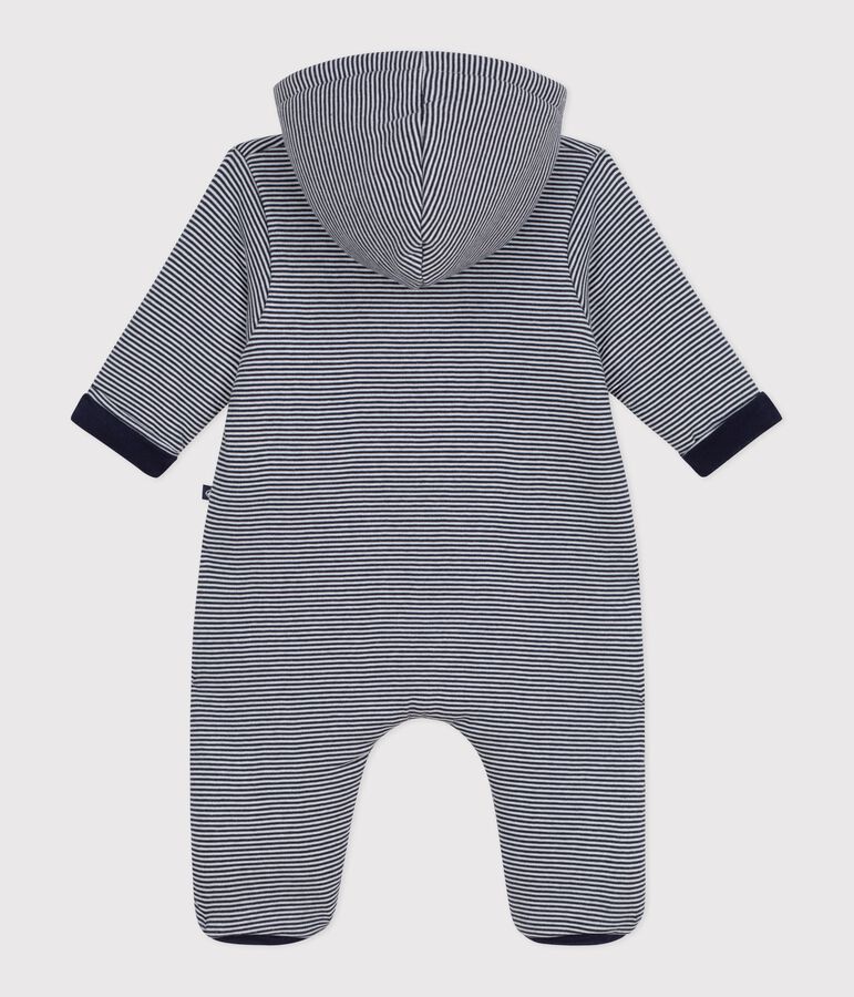 Babies' stripy padded jumpsuit with a hood and feet SMOKING blue/MARSHMALLOW white