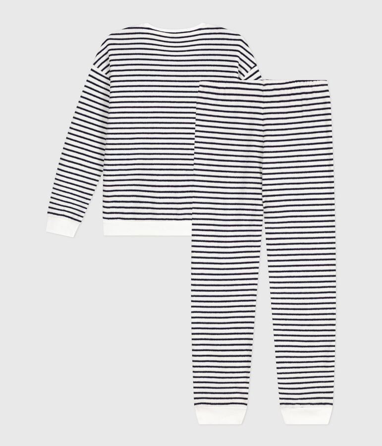 Women's stripy cotton terry pyjamas Ecru/blue