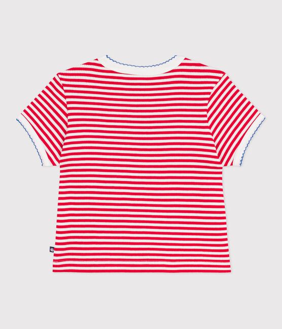 Children's short-sleeved stripy cotton T-shirt POMPIER red/MARSHMALLOW