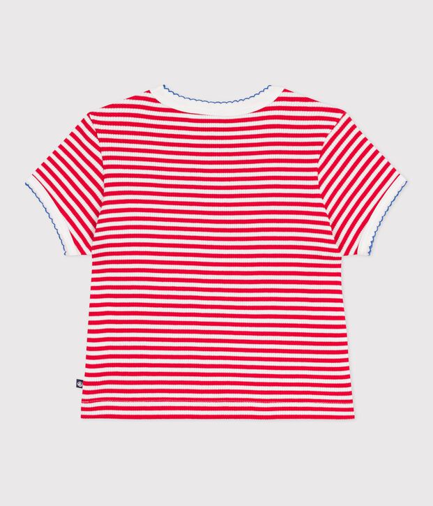 Children's short-sleeved stripy cotton T-shirt red/white