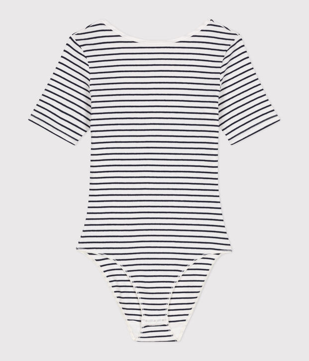 Women's short-sleeved stripy body in cotton and elastane white/blue