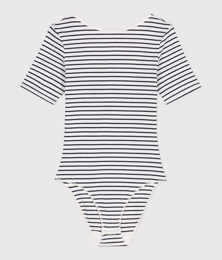 Women's short-sleeved stripy body in cotton and elastane white/blue