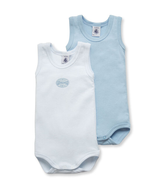 Pack of 2 baby boy plain/milleraies striped sleeveless bodysuits . set