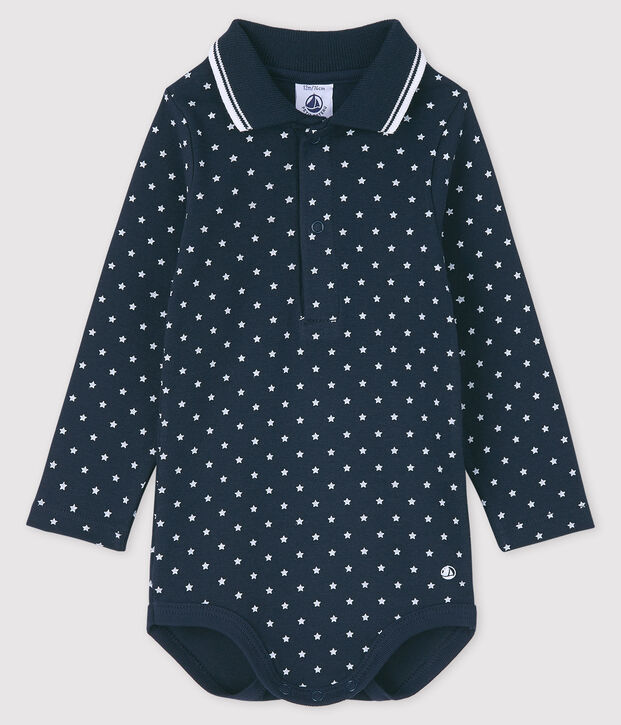 Baby's long-sleeved bodysuit with polo shirt neck blue/white