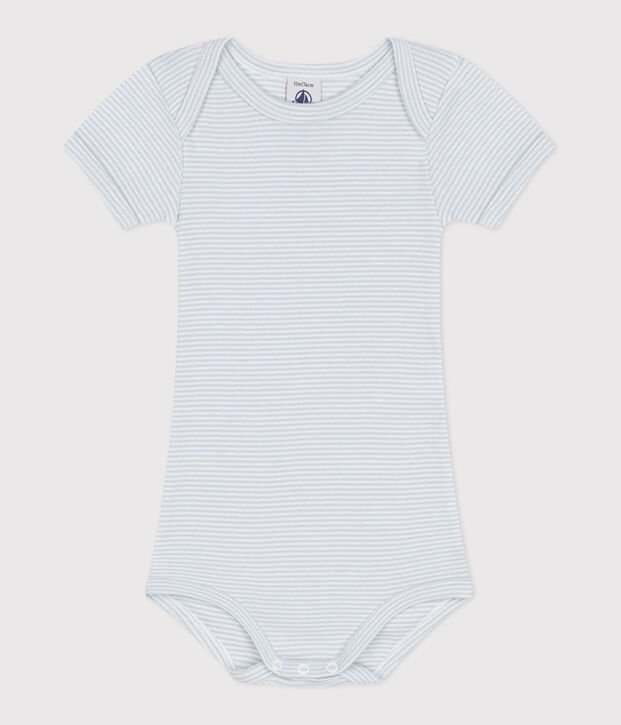 Babies' short-sleeved printed cotton body blue/white