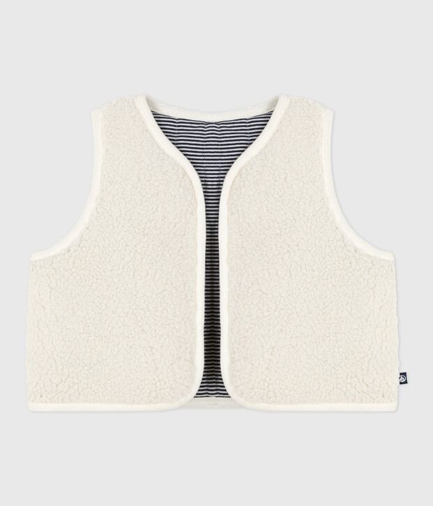Babies' sleeveless cardigan in pinstriped cotton and sherpa Ecru/multicolor