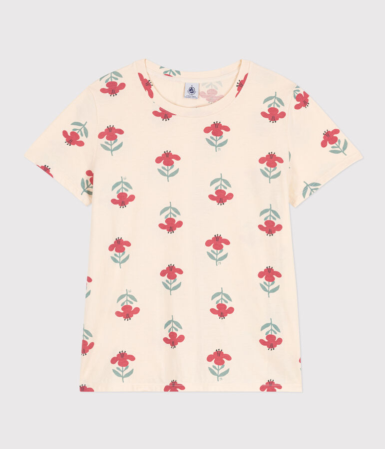 Women's Straight Round-Neck Cotton T-Shirt Ecru/multicolor